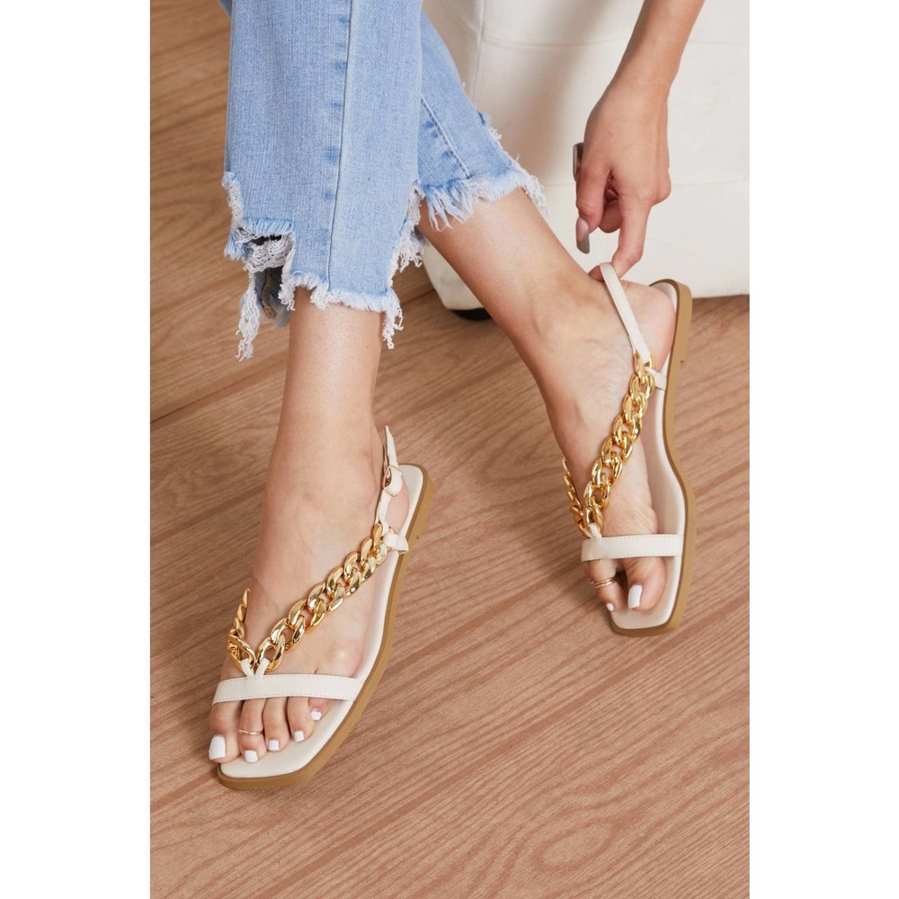 Beige Gold Chain Sandals Chic Minimalist Flat Square Toe - Picture 5 of 7